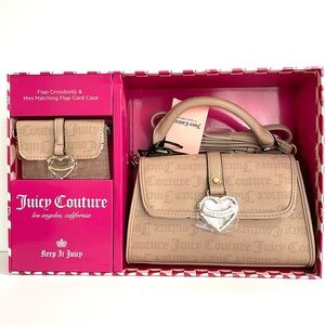 Juicy Couture Beige Crossbody Bag with Mini Matching Flap Card Case Heart Charm
